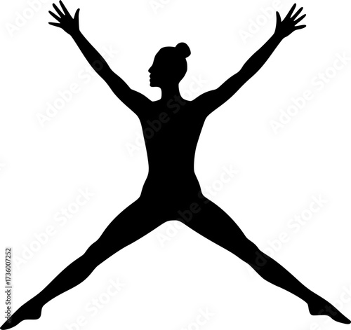Minimalist silhouette of acrobat performing star jump, vector design ideal for gymnastics posters, sports illustrations, fitness icons, and dynamic stock graphics