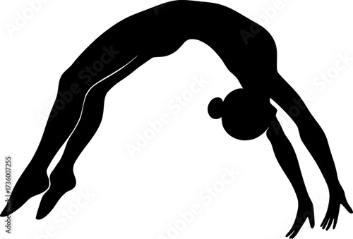 Monochrome silhouette of acrobat doing back handspring, minimal vector design ideal for gymnastics posters, sports illustrations, dynamic icons, and athletic stock graphics