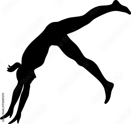 Monochrome silhouette of acrobat in mid roundoff, minimal vector design perfect for gymnastics posters, sports illustrations, dynamic icons, and athletic stock graphics