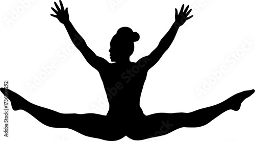 Monochrome silhouette of acrobat in straddle jump, minimal vector design perfect for posters, sports illustrations, gymnastics icons, and athletic stock graphics