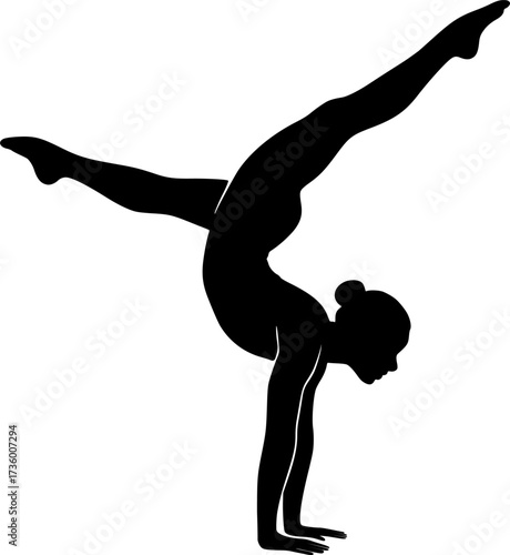 Monochrome silhouette of acrobat in handstand press, minimal vector design ideal for sports posters, gymnastics illustrations, and athletic stock graphics