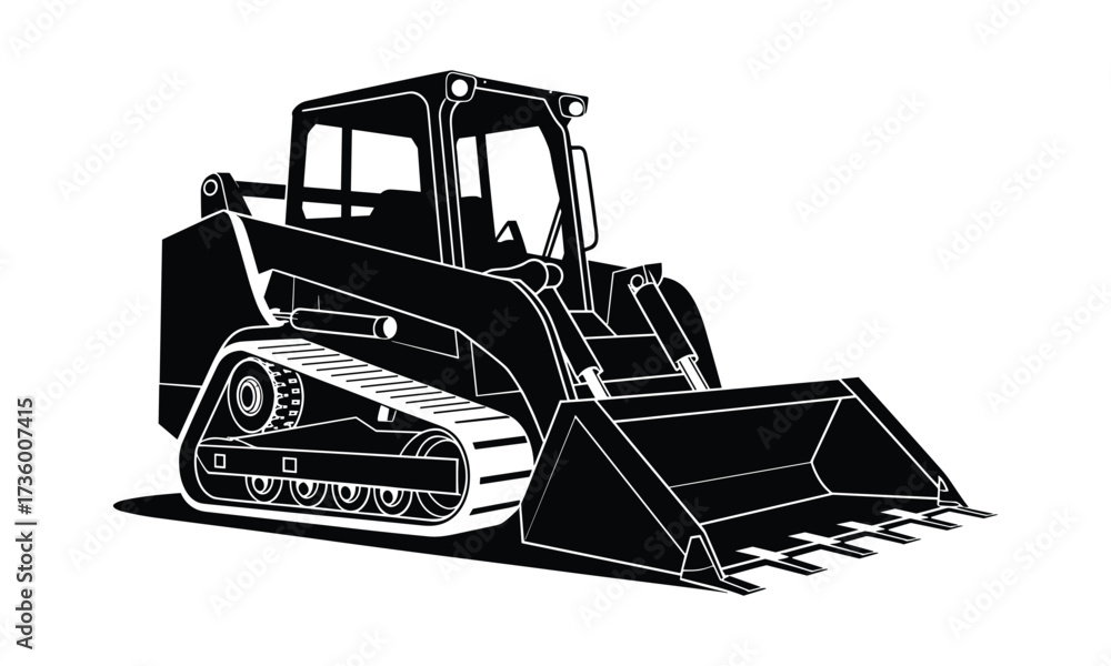 Naklejka premium Black Silhouette of a Skid Steer Loader with Tracks and Bucket on a White Background compact track loader