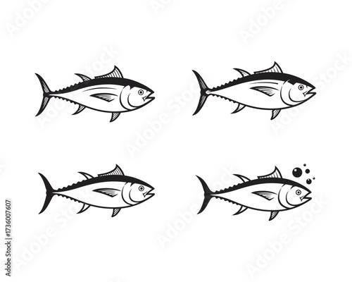 Four hand drawn illustrations of tuna fish in different poses showing their sleek bodies and fins against a white background
