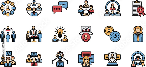 Creative Color Thin Line Teamwork and Communication Outline Icon Set