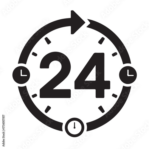 24 hour service clock icon with arrow and timer symbols, isolated on white background technology background