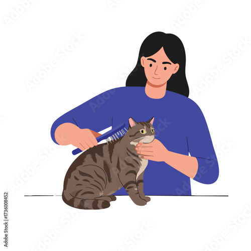 Woman Brushing Tabby Cat.