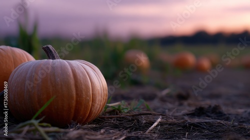 Pumpkin patch with several pumpkins scattered on the ground. the pumpkins are of different sizes and shapes, with some being larger and others smaller.