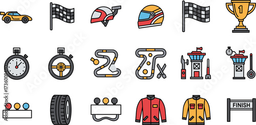 Flat Line Style Racing Element and Sport Car Symbol Icon Set