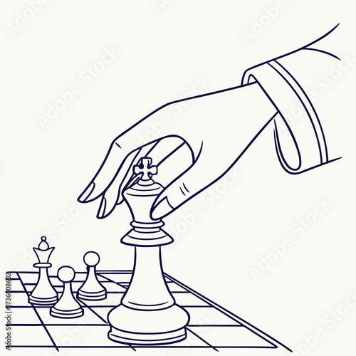 Elegant hand moves the king piece on a chessboard symbolizing strategy leadership and decision making in a game of chess