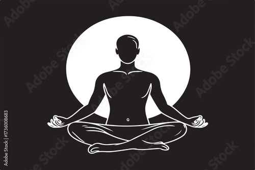 Silhouette of a person meditating in a lotus pose against a bright circular background