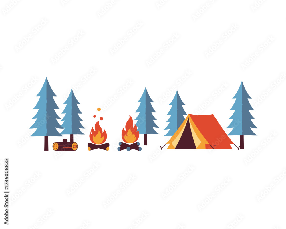 Obraz premium Cozy campsite scene with a bright orange tent crackling campfires and tall evergreen trees in a minimalist flat design style