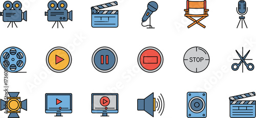 Simple Outlined Media Production Tools and Equipment Elements Icon Set