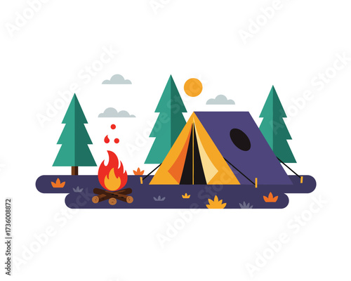 Cozy campsite nestled among tall pine trees with a warm campfire glowing brightly under a sunny sky