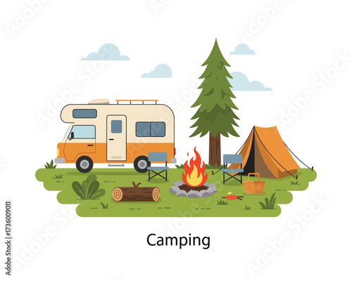 Cozy campsite scene featuring a recreational vehicle rv camper tent campfire and pine tree in a grassy outdoor landscape