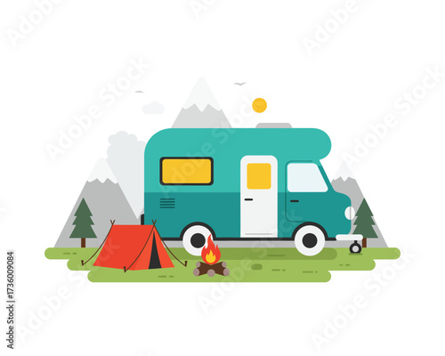 Cozy teal recreational vehicle camper van parked in a scenic mountain landscape with a red tent and campfire