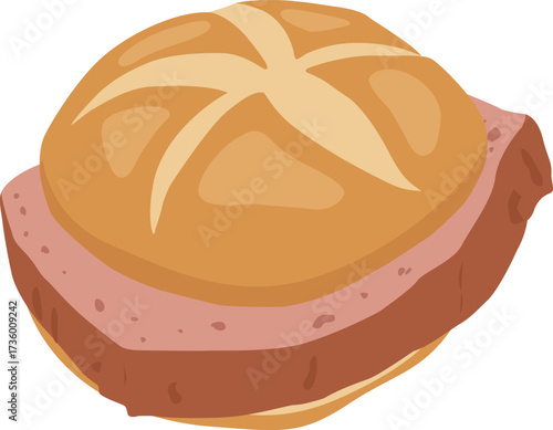 Vector illustration of traditional Bavarian Leberkäse sandwich in a bread roll. German street food, Oktoberfest snack, tasty meat loaf design for menus, stickers, prints, and culinary projects.
