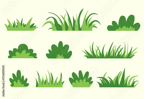 Collection of cartoon grass and bushes in flat style. Green nature elements for landscape design, games, backgrounds, stickers, and decorative projects. Vector isolated on light background.