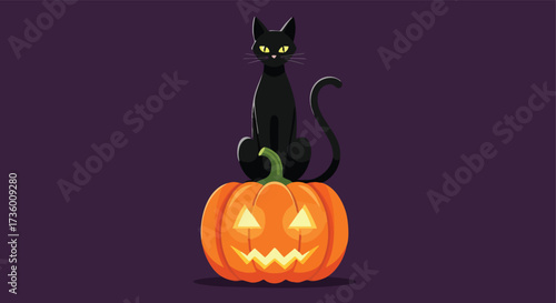 Black Cat Sitting on a Glowing Jack-o'-Lantern Against a Dark Background