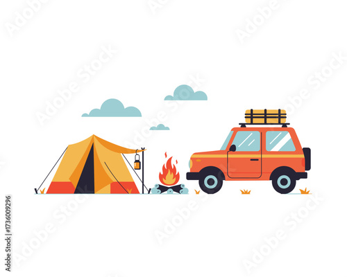 Vibrant illustration of a camping scene with an orange tent campfire and a rugged off road vehicle loaded with gear under a cloudy sky