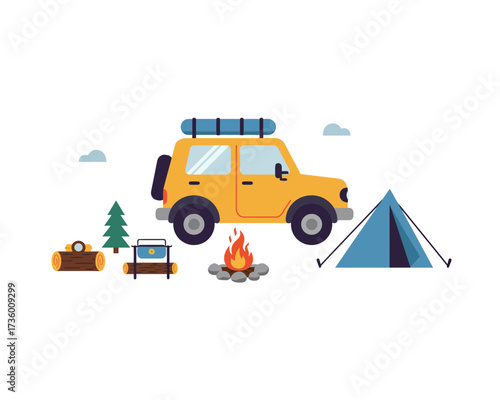 Yellow off road adventure vehicle with camping gear including tent campfire and picnic basket in a natural outdoor setting