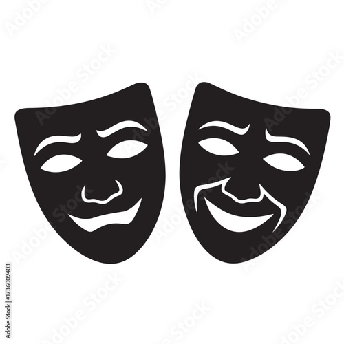 Black comedy and tragedy theater masks representing emotions isolated on a white background technology background