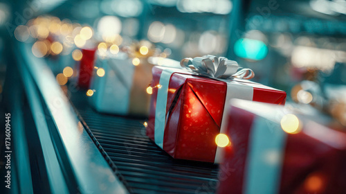 Conveyor belt carrying Christmas presents wrapped in festive red and white paper, glowing with decorative holiday lights