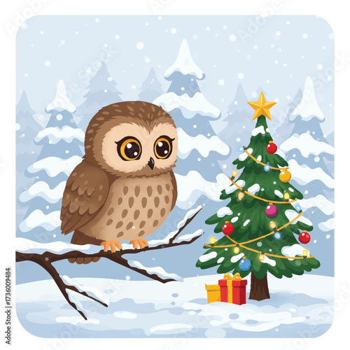 A curious cute owl, in vibrant flat vector illustration, perches on a snow-dusted branch, wide-eyed, admiring a sparkling Christmas tree in a serene snowy forest.