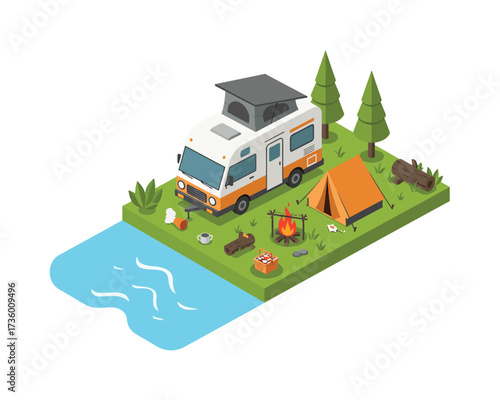 Cozy isometric campsite scene with rv camper van tent and lake for outdoor adventure and recreation