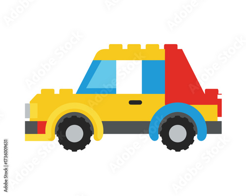 Colorful toy car constructed from building blocks on a white background representing childhood creativity and play