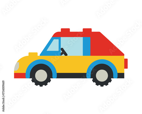 Brightly colored toy car made of building blocks on a white background ideal for childrens designs