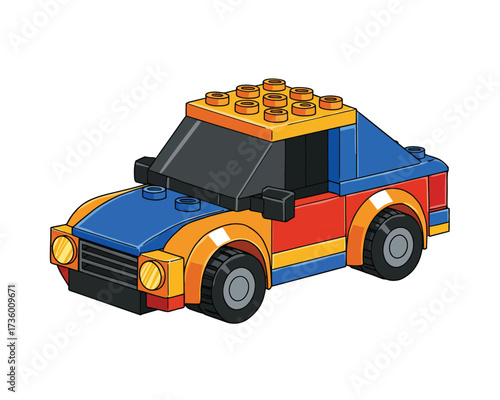 Brightly colored toy car made of building blocks with yellow headlights and a textured roof on a white background