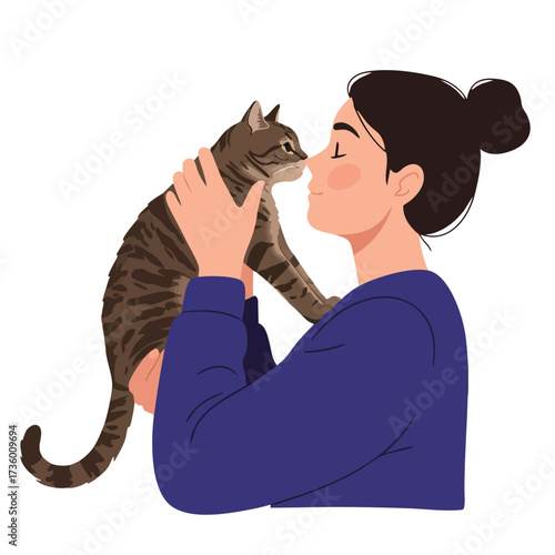 Woman holding a tabby cat and touching noses.
