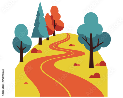 Stylized illustration of a winding orange road through a vibrant autumn landscape with colorful trees and yellow ground
