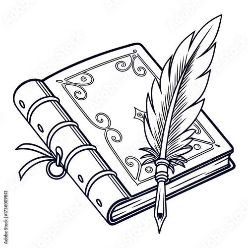 Elegant vintage book with ornate cover design and a quill pen resting on its pages symbolizing writing and knowledge