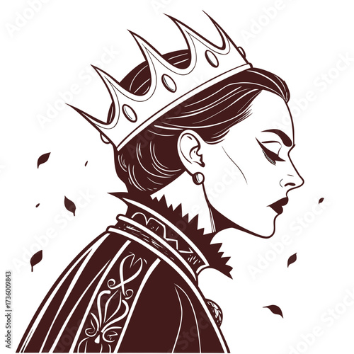 Elegant queen in profile wearing a crown and ornate cape with falling leaves in a stylized illustration