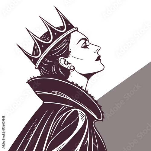 Elegant queen wearing a crown and fur lined cape looking upwards in profile