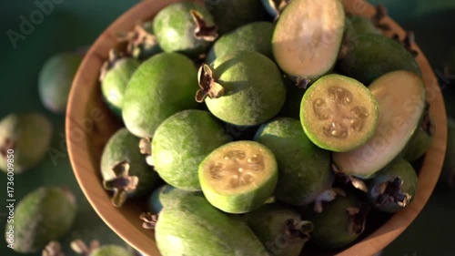 Feijoa green fruit bowl. Guava food