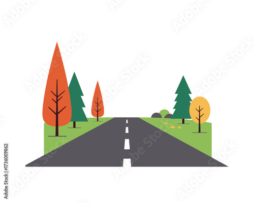 Stylized flat illustration of a straight asphalt road with white dashed lines leading towards a vibrant autumn forest landscape with trees
