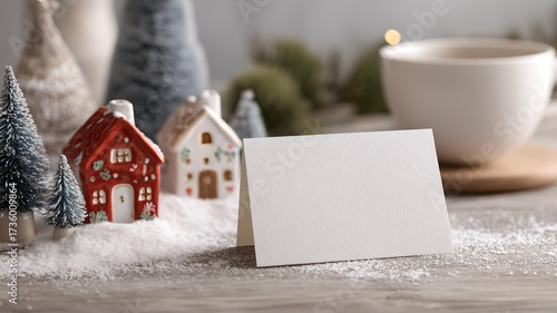 Christmas card mockup on top of a snow-dusted table with small ceramic Christmas houses