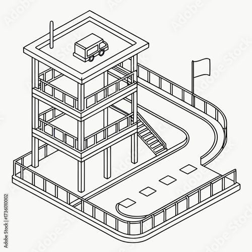 Isometric illustration of a racing track control tower with a van on top and a checkered finish line on the track
