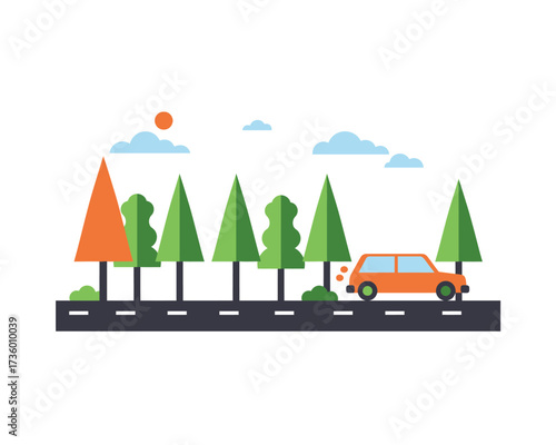 Bright orange car driving down a scenic asphalt road lined with vibrant green and one orange stylized trees under a sunny sky with clouds