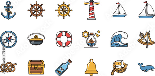 Nautical Handdrawn Cute Outline Icon Set Related to Sailing and Sea Adventure