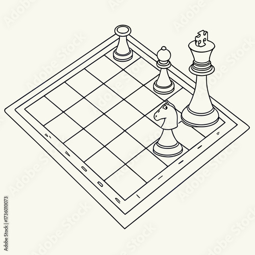 Isometric line drawing of a chess board with king knight bishop and pawn pieces in a strategic arrangement