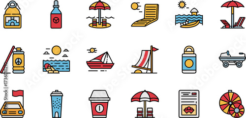 Minimalist Flat Style Beach Summer Holiday Vacation Icon Set Illustration