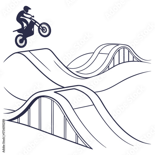 Silhouette of a motocross rider performing a jump over a dirt track with ramps and curves against a white background