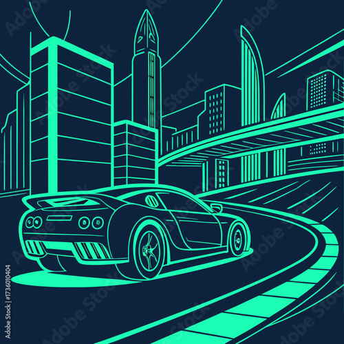 Sleek sports car drives through a futuristic neon cityscape at night with a highway overpass and tall buildings