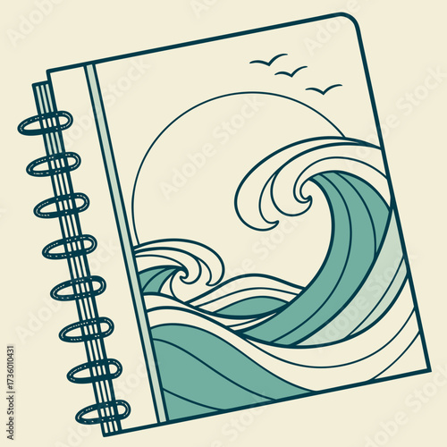 Spiral bound notebook with a stylized ocean wave and flying birds design on a cream background