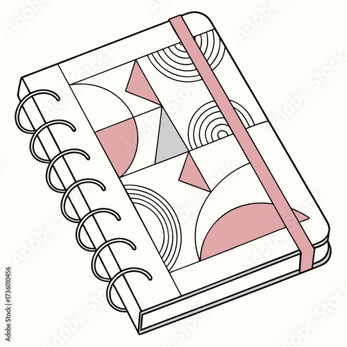 Stylish spiral bound notebook with a modern geometric pattern in pink and gray on a white background with a pink elastic band closure