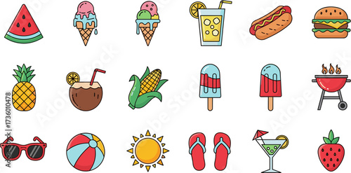 Flat Style Summer Item Food and Drink Decorative Elements Illustration