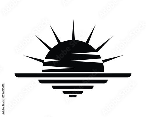 Abstract silhouette of a rising sun with rays and horizontal lines representing a horizon or landscape